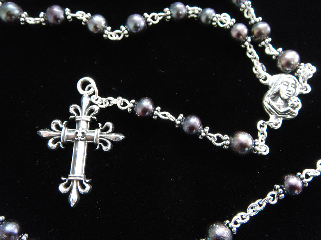 925 Silver white pearl rosary necklace 5 decades - estherleejewel.com
